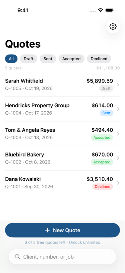 QuoteDragon quote list with search, status filters and pipeline total