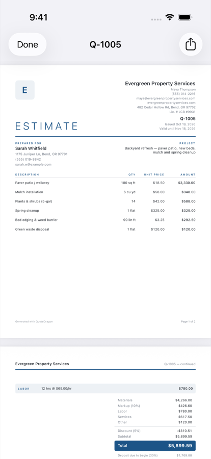 QuoteDragon PDF preview of a professional estimate